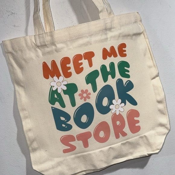 Canvas travel bag tote Meet me at the book store reusable NEW - Picture 2 of 2